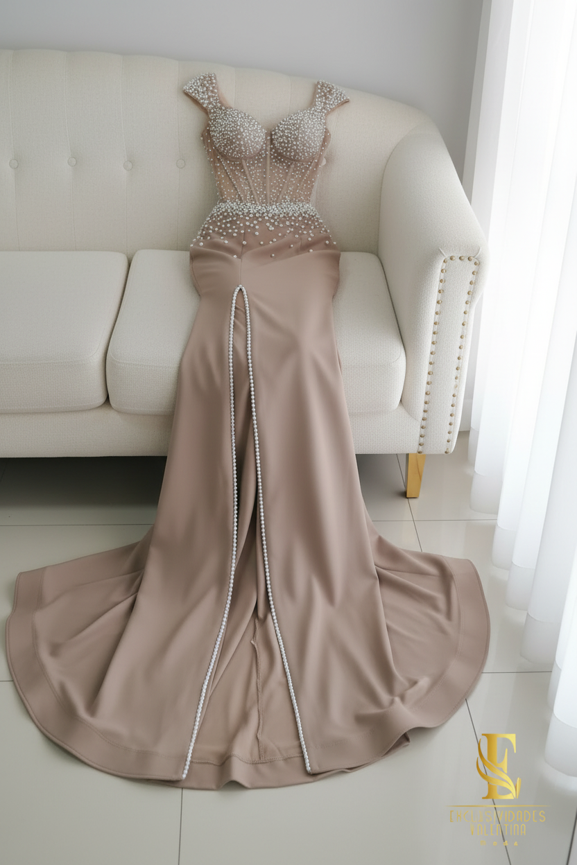 Vestido Sirena Champagne con Córset Transparente de Perlas cod.V247