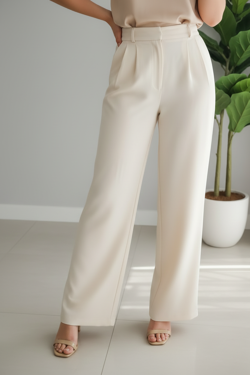 Conjunto Top Satinado Beige Sin Mangas y Pantalón Palazzo Crema Tiro Alto cod.767