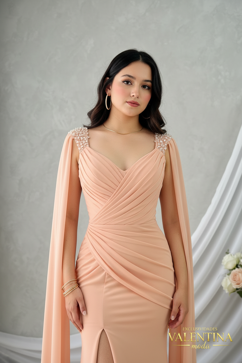 Vestido Salmón Sirena con Mangas Capa y Tirantes de Cristal cod.V509