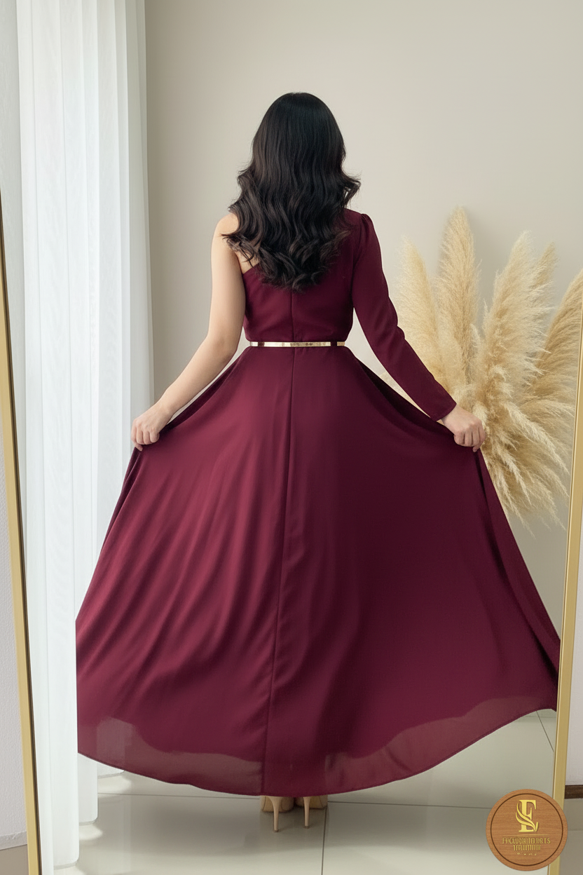 Vestido Vino Un Hombro Rosa 3D Cinturón Dorado cod.0091