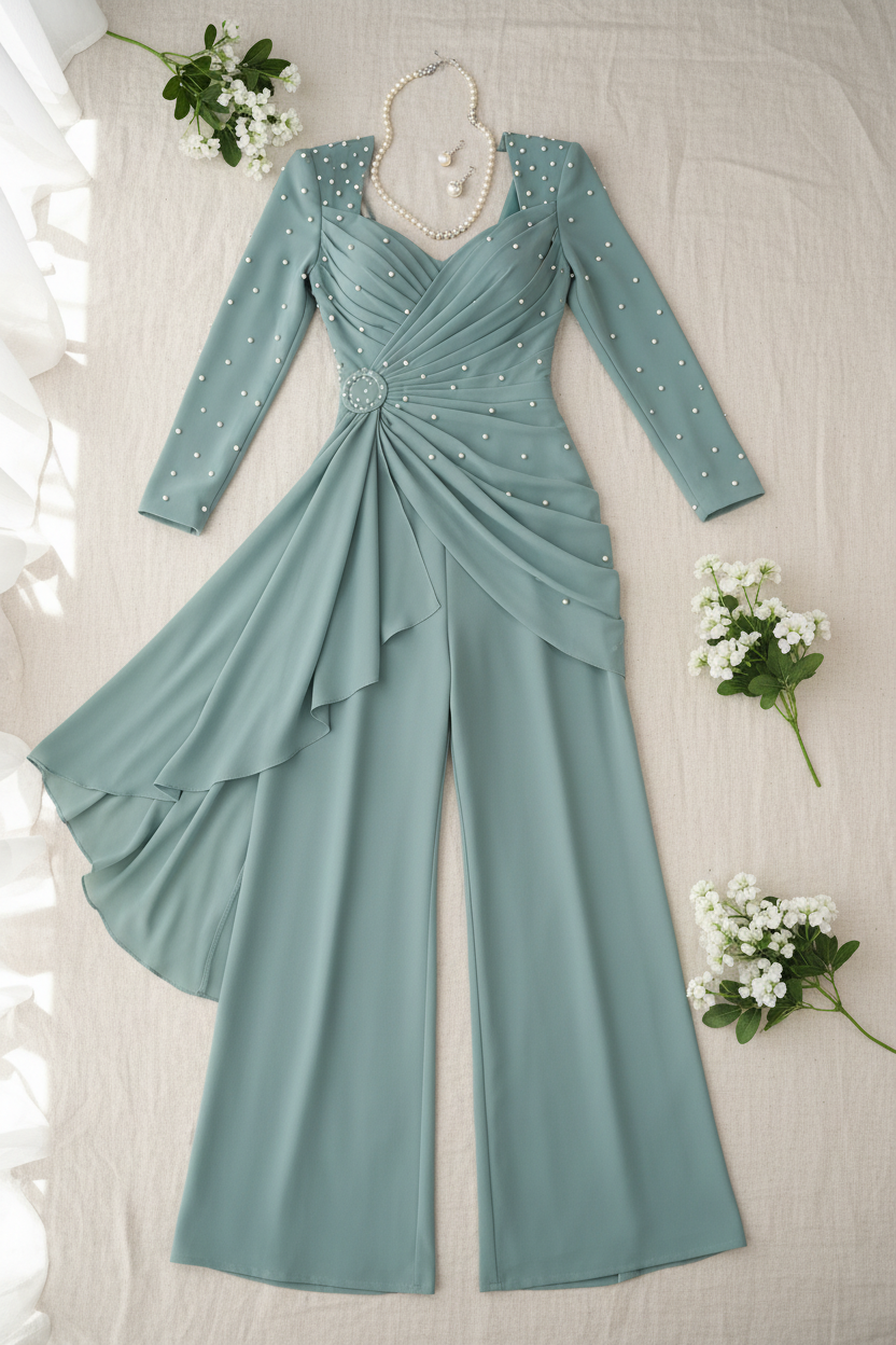 Enterizo verde sage perlas drapeado pantalón wide leg C.1944