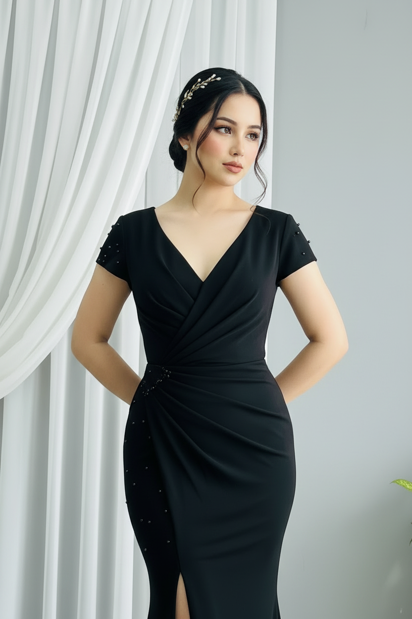 Vestido Negro Perlas Abertura cod.001