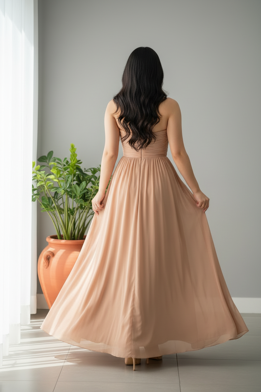 Vestido Champagne Maxi Gasa Escote Corazón cod.950