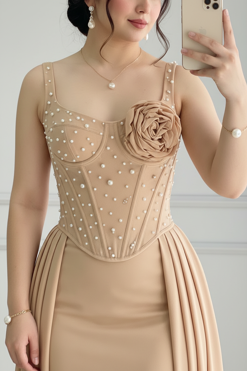 Vestido Nude Champagne Corset Illusion con Perlas, Rosa 3D y Falda Plisada a los lados cod.815