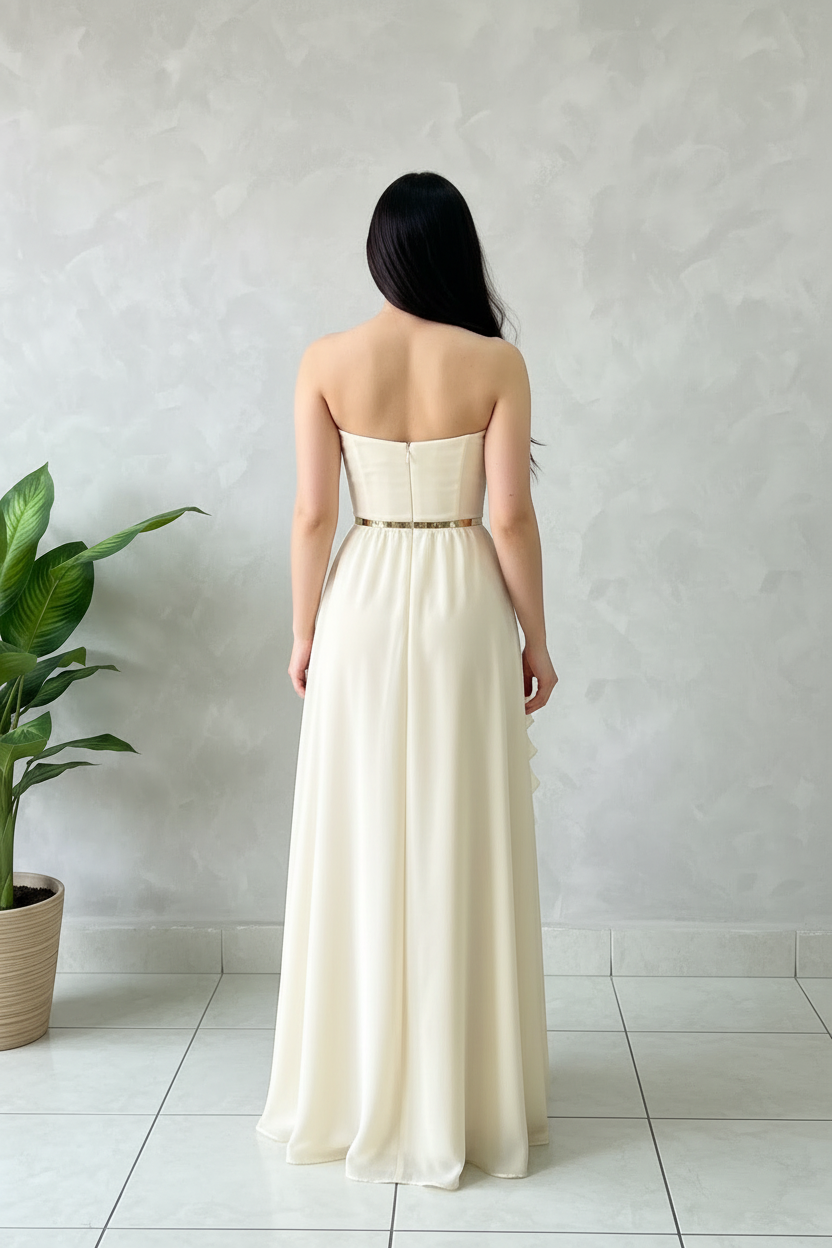 Vestido Formal Crema con Volantes cod.494