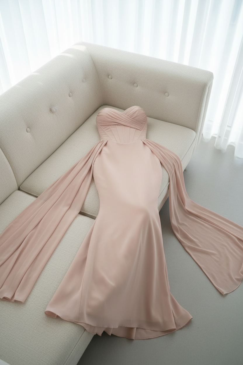 Vestido Nude Champagne Strapless Corset Capa Chiffon Sirena cod.V697