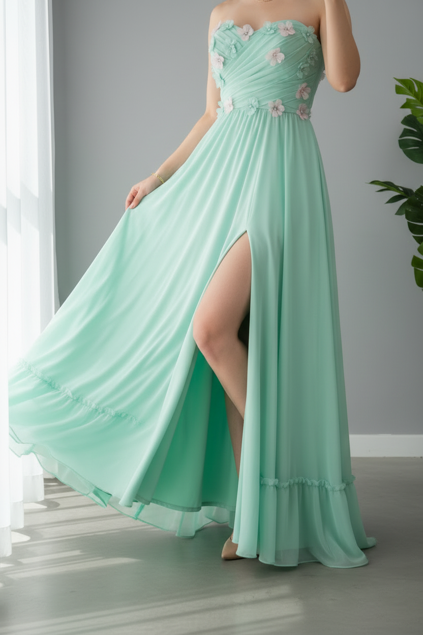 Vestido Verde Menta con Flores 3D cod.633