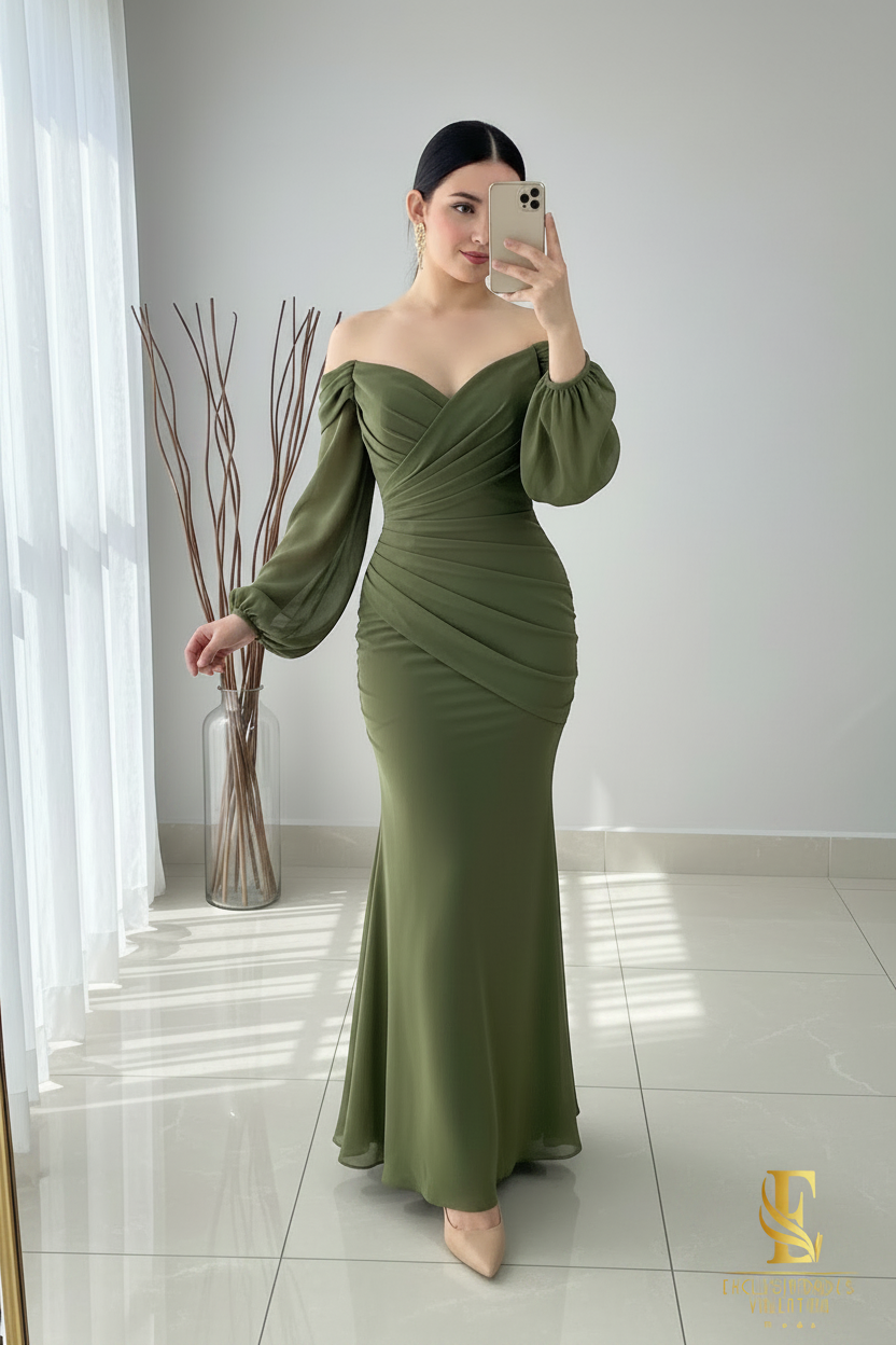 Vestido Verde Olivo Off-Shoulder Manga Globo Sirena Cod.V350