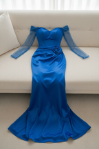 Vestido Azul Rey Off-Shoulder Manga Tul Rosa D cod.427