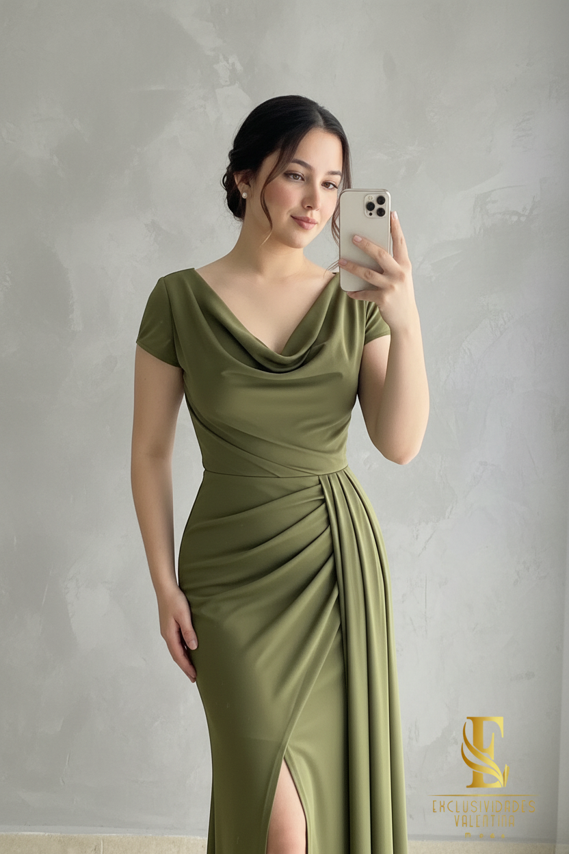 Vestido Sirena Verde Olivo | Drapeado Cruzado y Abertura cod.V439
