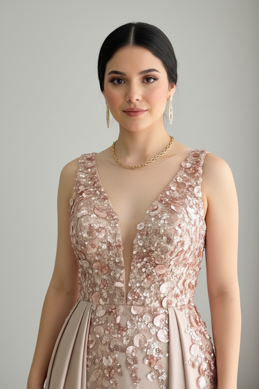 Vestido champagne bordado floral evasé C.1928