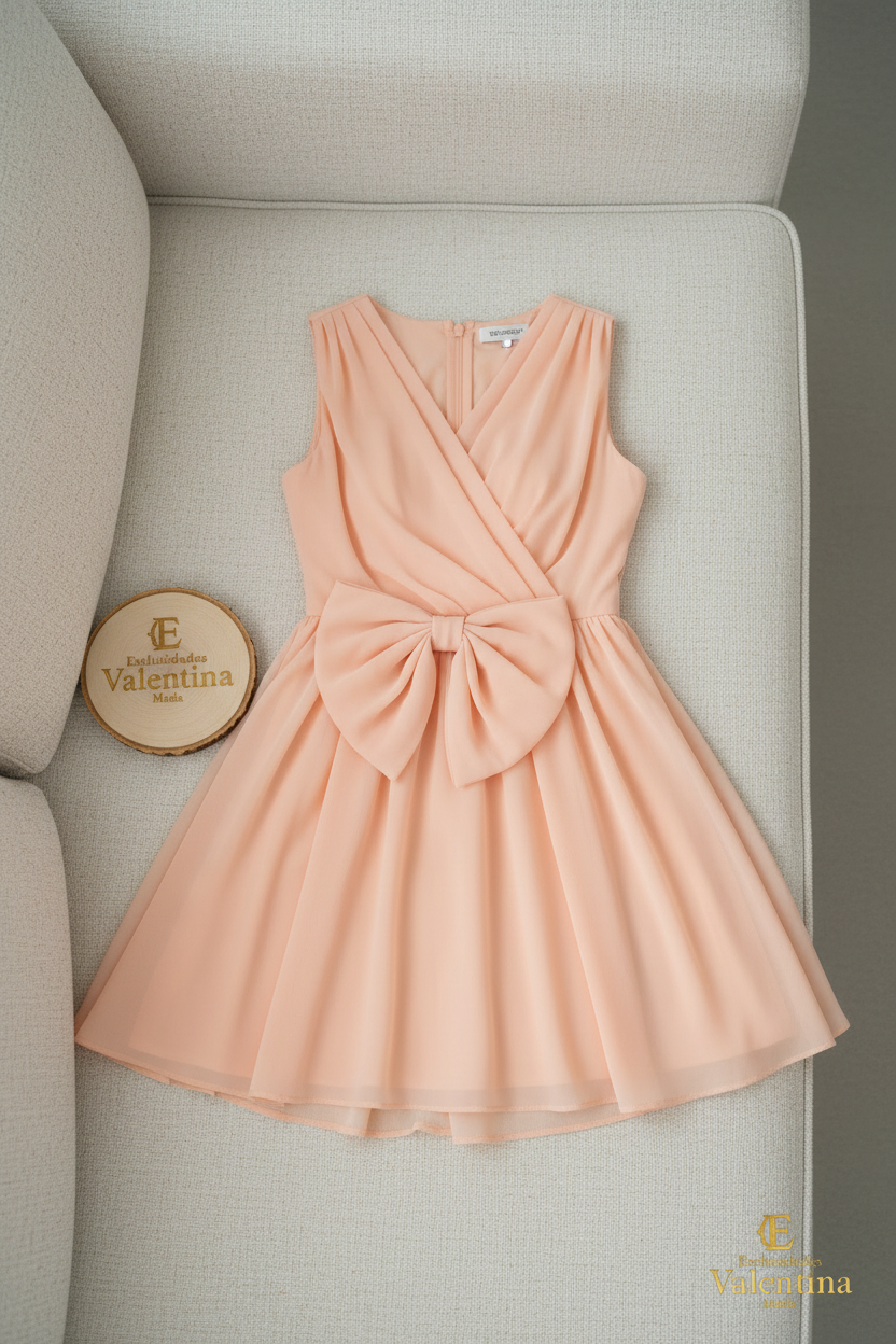 Vestido Melocotón Sin Mangas Escote V Cruzado Lazo 3D Falda Chifón  cod.941