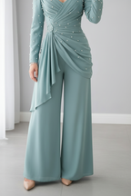 Enterizo verde sage perlas drapeado pantalón wide leg C.1944