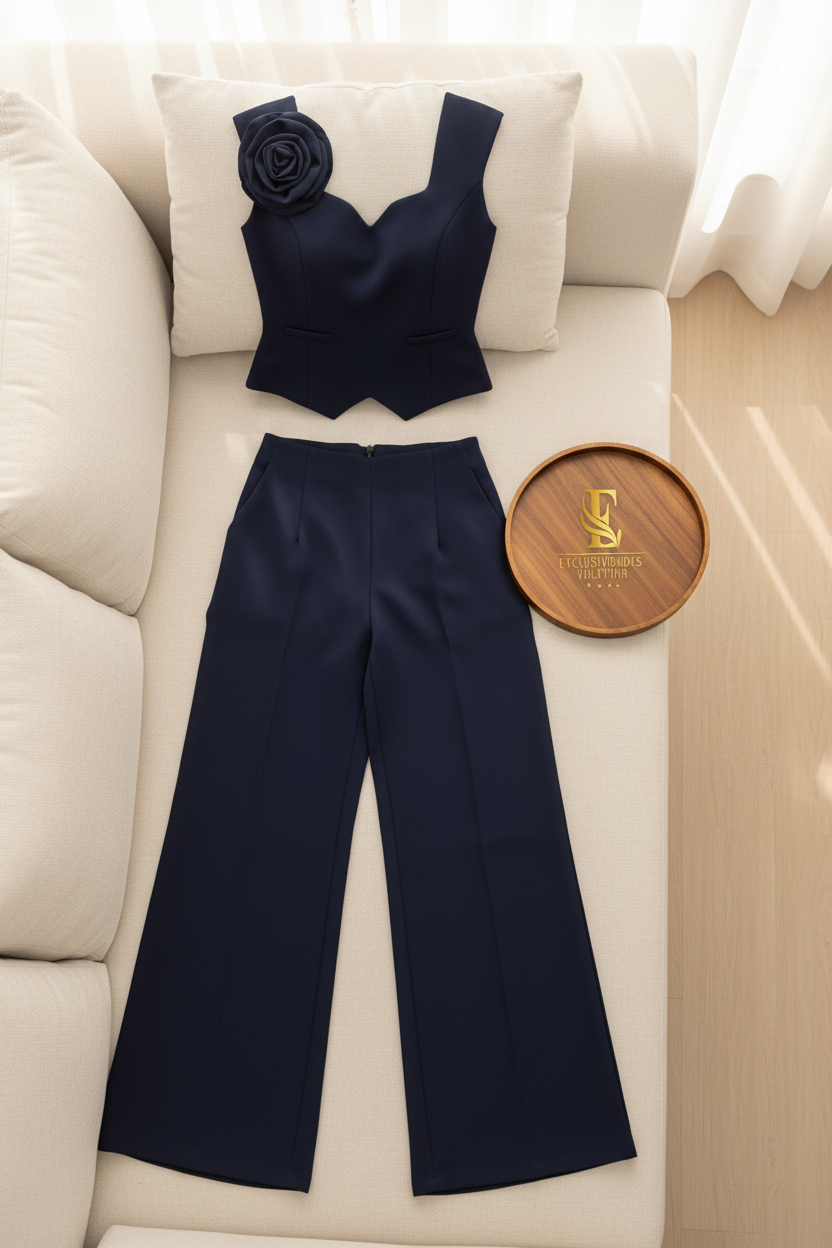 Conjunto Azul Marino — Top Peplum Rosa 3D & Palazzo cod.0033