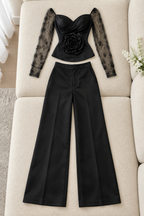 Conjunto Negro Satinado con Rosa 3D y Pantalón Palazzo cod.CJ004