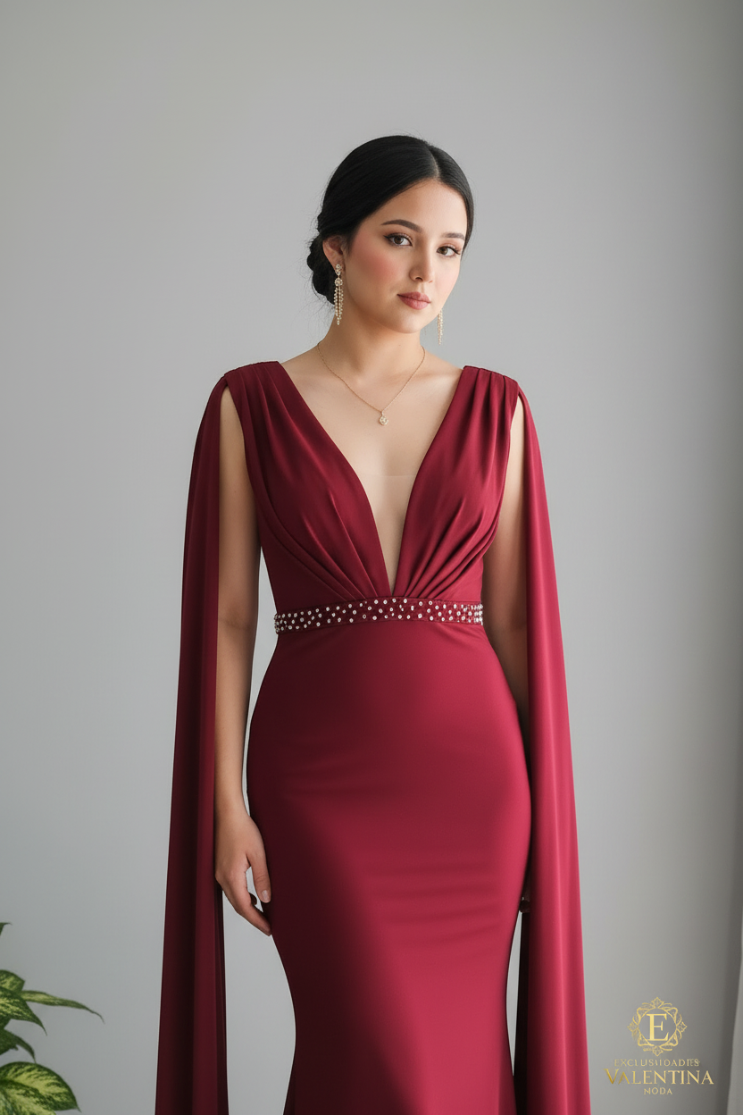 Vestido Vino Escote V Profundo Mangas Capa Cinturón Perlas cod.920