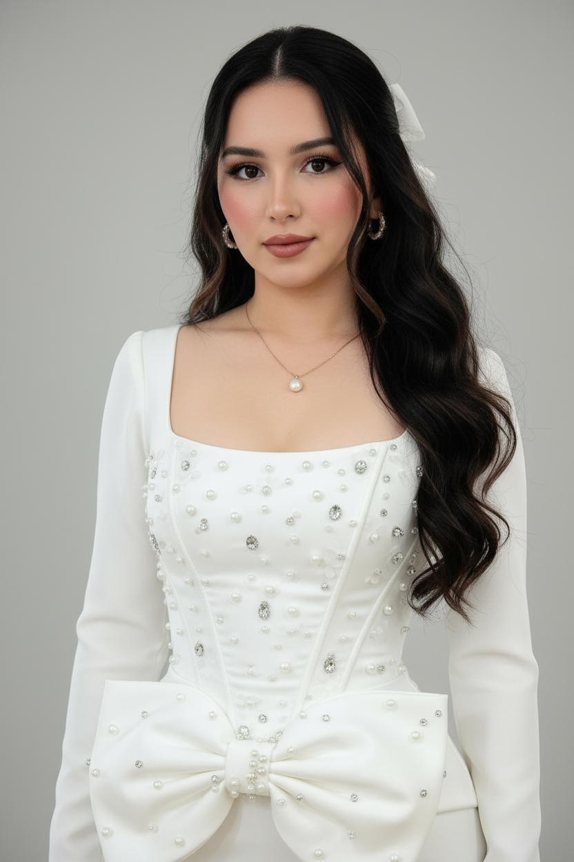 Vestido Elegante Blanco Corset Cristales Lazo y Falda Lápiz cod.V0032