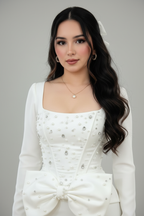 Vestido Elegante Blanco Corset Cristales Lazo y Falda Lápiz cod.V0032