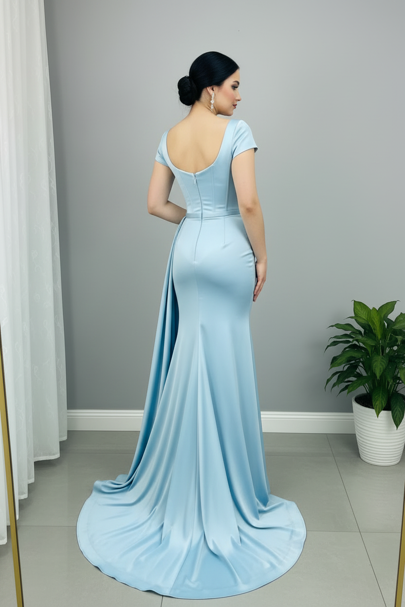 Vestido Sirena Azul Satén — Corset Ballenas, Escote Corazón & Drapeado Lateral Cola Amplia cod.886