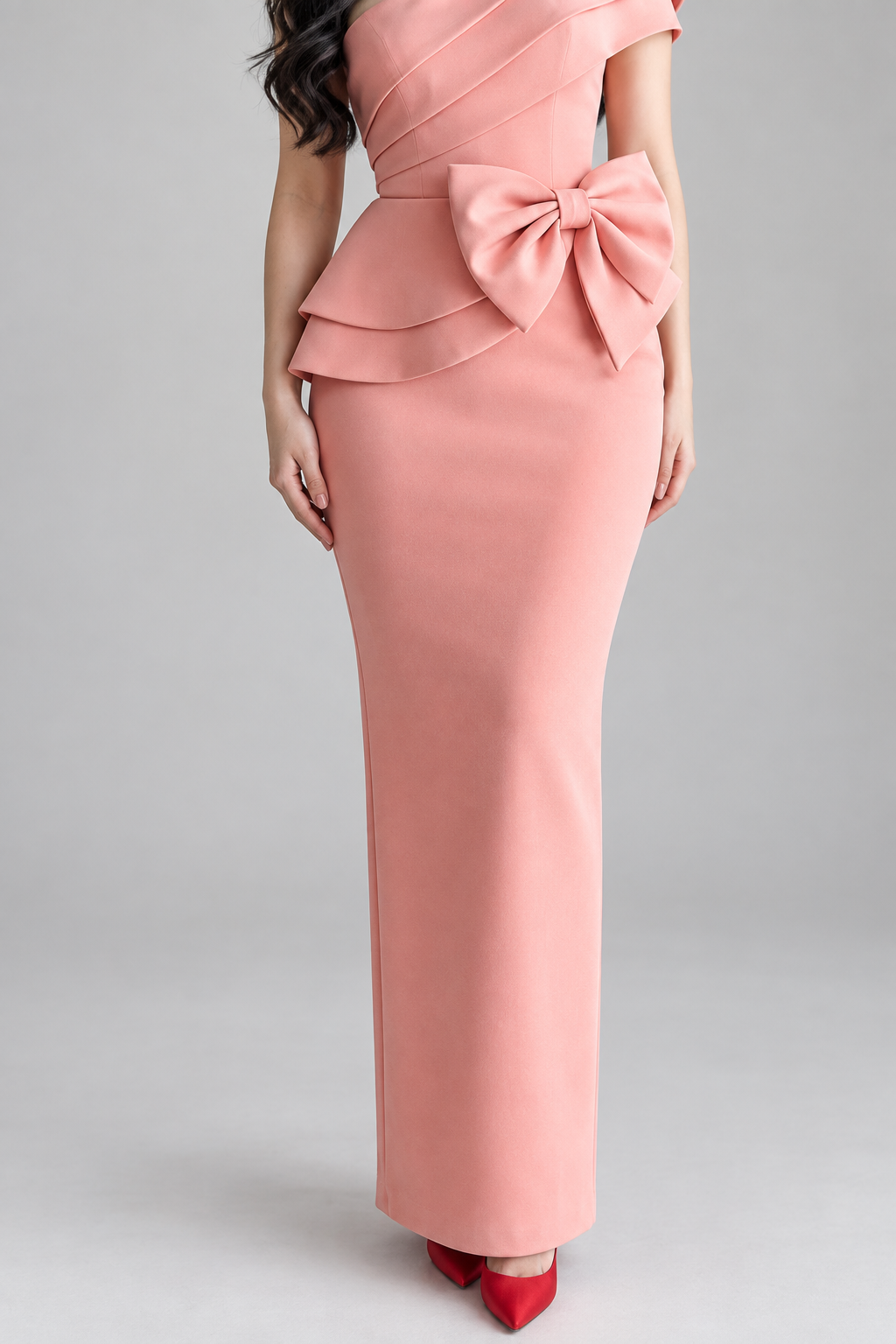 Vestido Rosa Salmón, Lazo Peplum Falda Lápiz cod.V0042