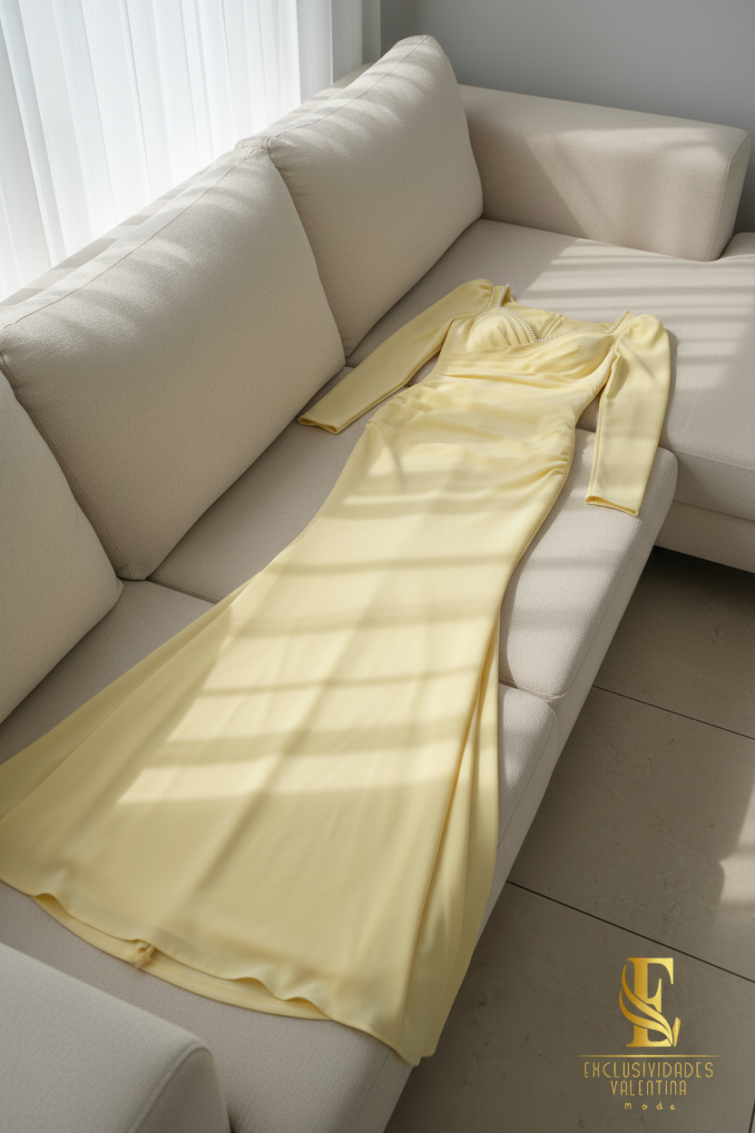 Vestido Sirena Amarillo Pastel | Manga Larga con Pedrería y Drapeado cod.V501