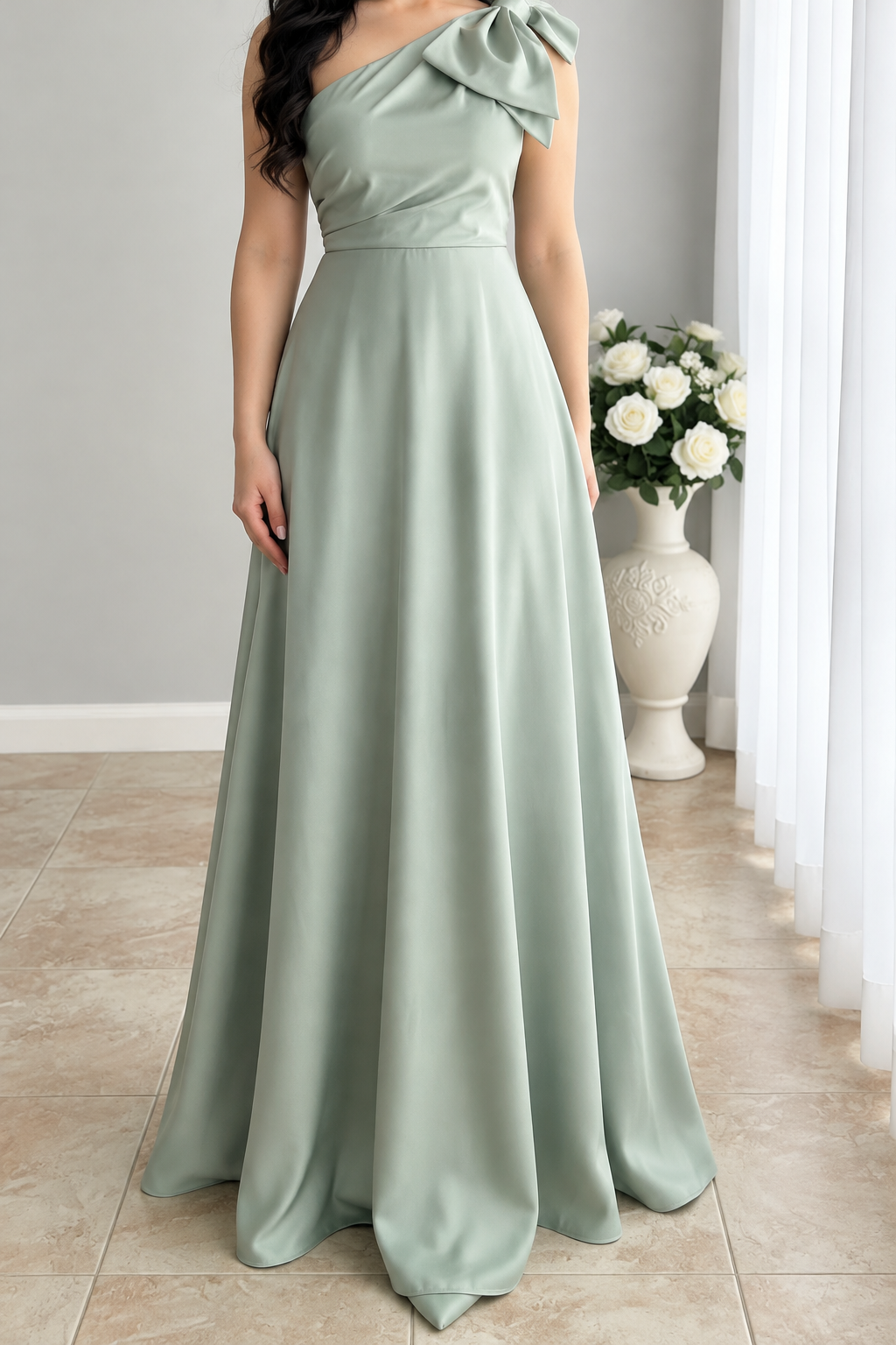 Vestido largo verde salvia de un hombro con gran lazo cod. VC015