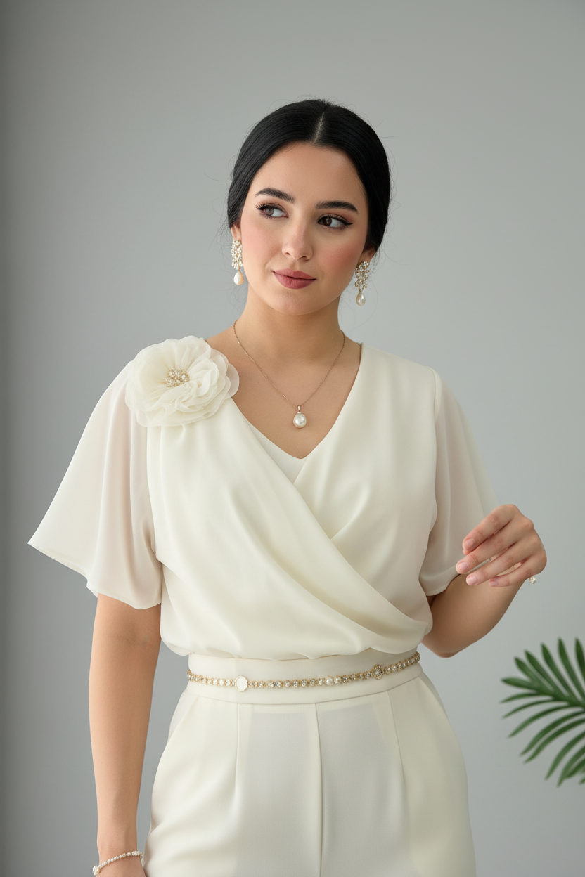 Conjunto Dos Piezas Blanco Total Top Wrap Flor 3D Cinturon Perlas Pantalon Palazzo Wide Leg cod.844