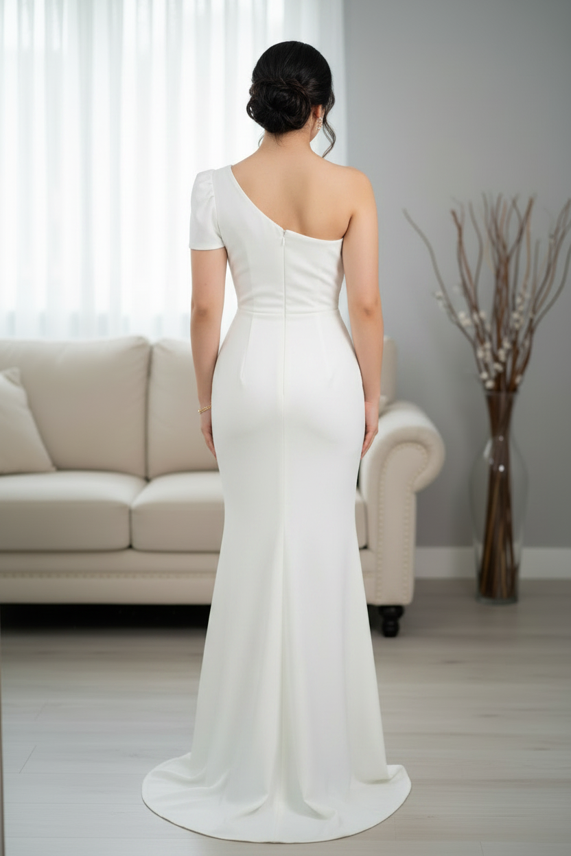 Vestido de Gala Blanco Hombro Asimétrico con Abertura cod.V597