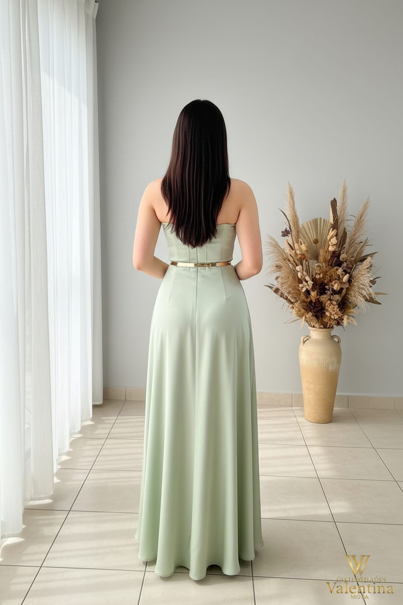 Conjunto Verde Menta | Top Corsé Strapless Botones Dorados y Falda Maxi  cod.C511