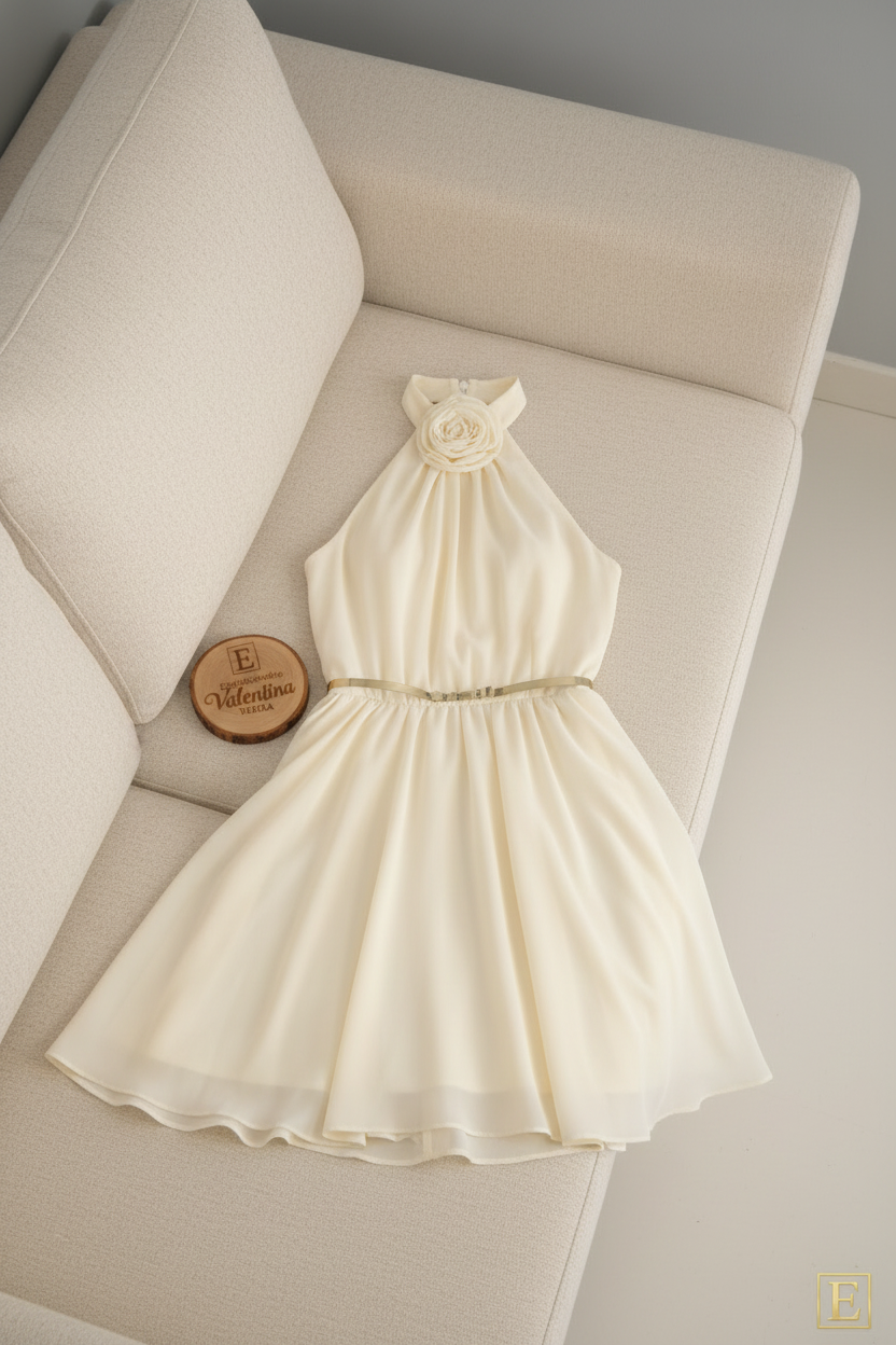 Vestido Crema Halter Rosa 3D Cinturón Dorado Falda A-line Chifón cod.938