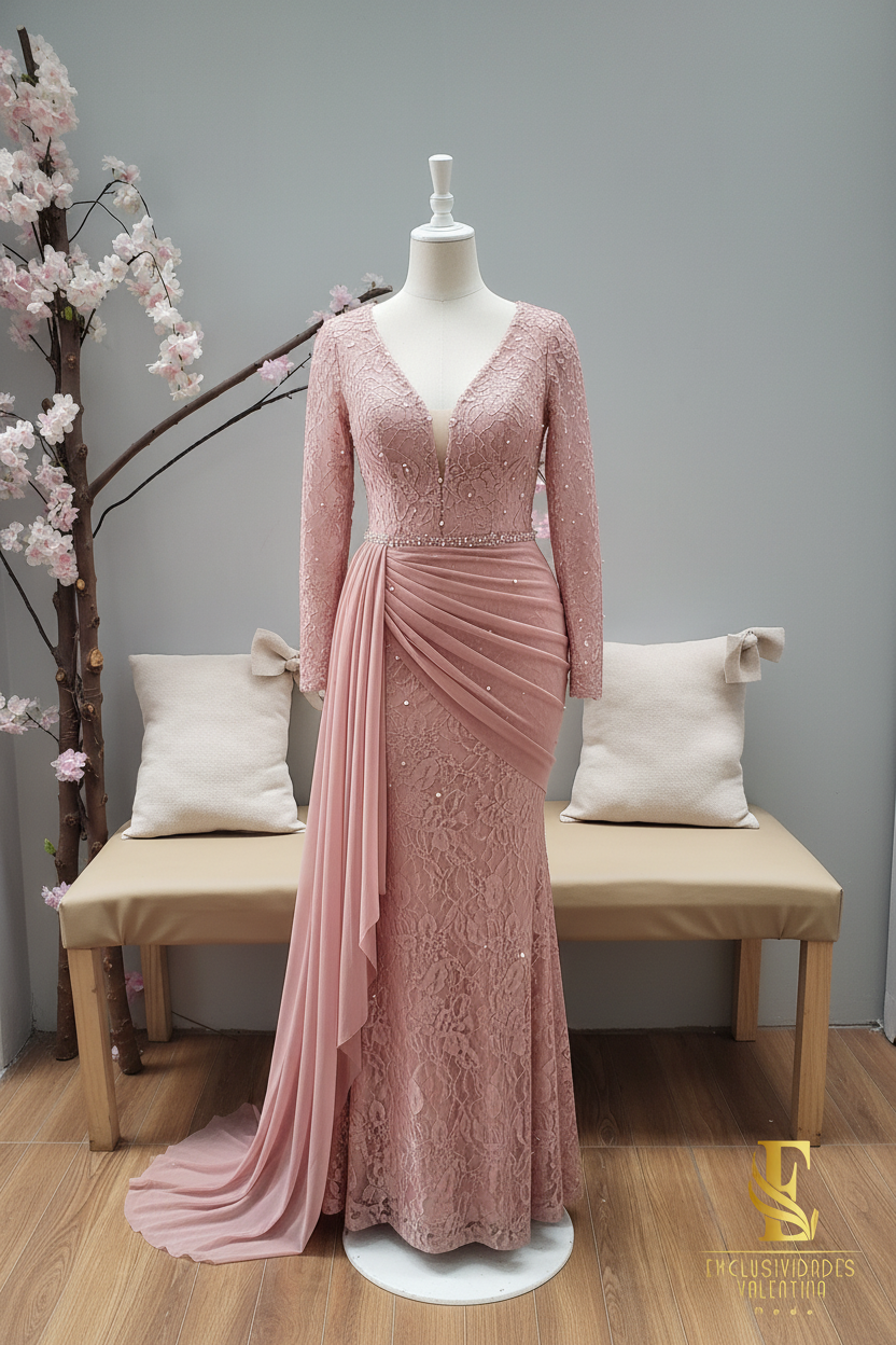 Vestido Rosa Palo Encaje Manga Larga con Pedrería y Capa Tul cod.V291