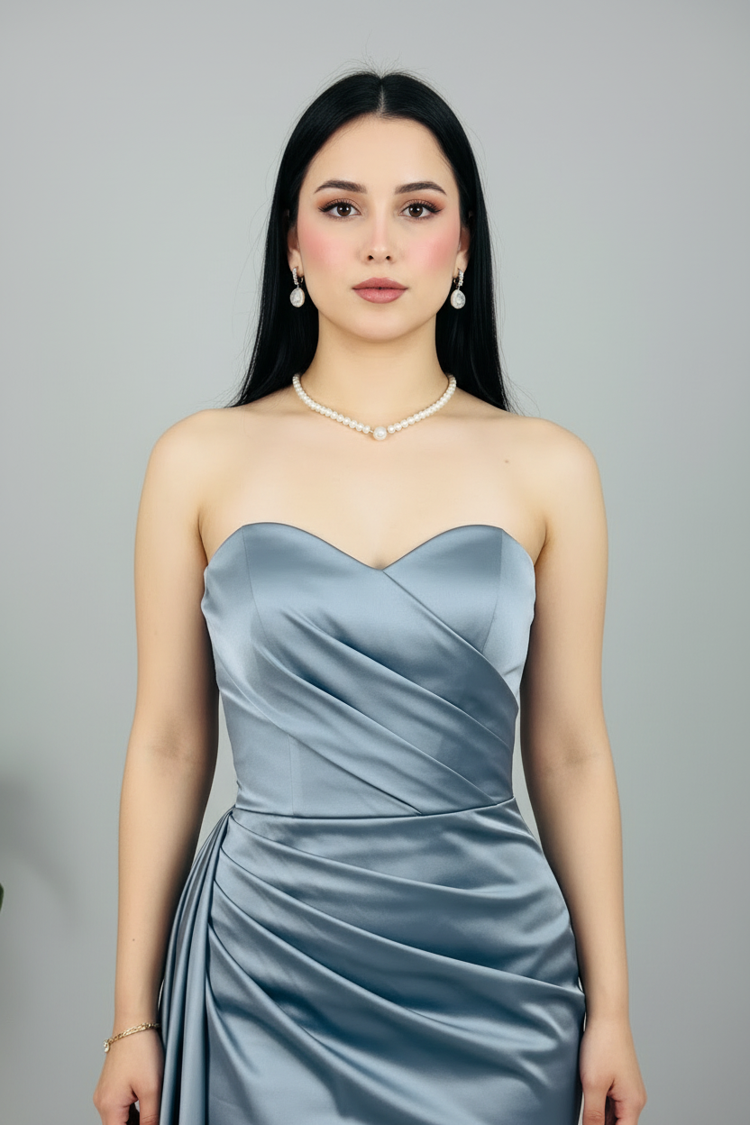 Vestido Steel Blue Sirena – Gown Gris Azulado Strapless con Cola cod.673