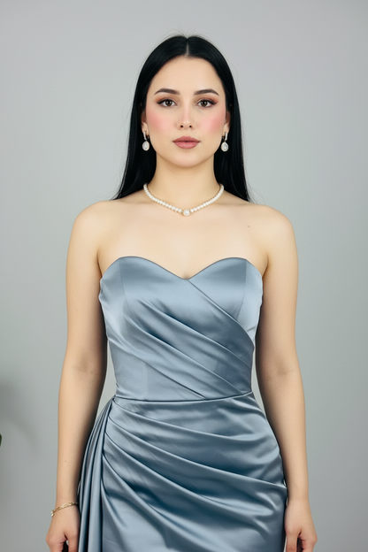 Vestido Steel Blue Sirena – Gown Gris Azulado Strapless con Cola cod.673