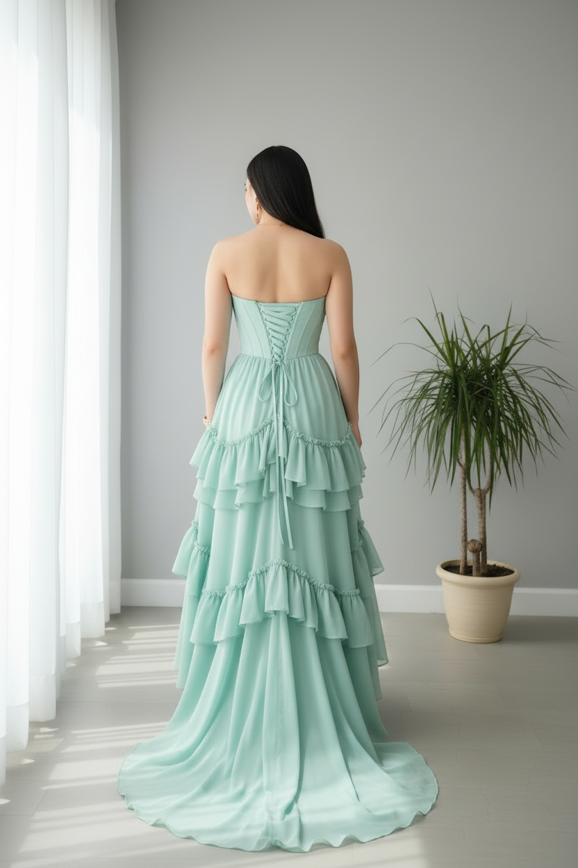 Vestido Verde Menta Strapless Corset Drapeado Cruzado y Falda Volantes en Capas cod.771