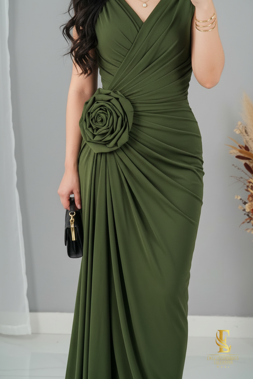 Vestido Verde Oliva Largo Sin Mangas Escote V Rosa 3D Cadera Drapeado cod.V305