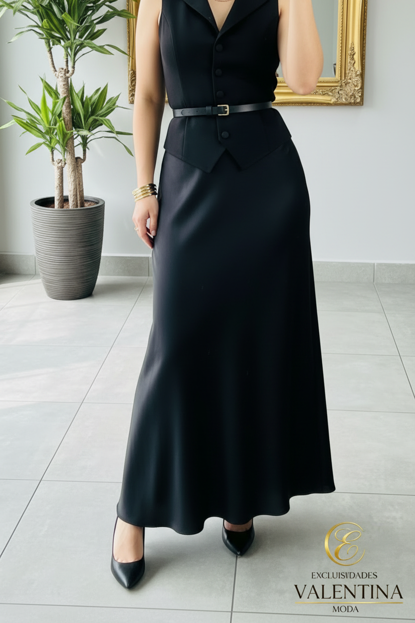 Conjunto Chaleco y Falda Maxi Negro Satinado cod.C400