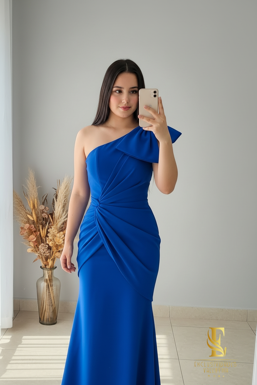 Vestido Sirena Azul Rey | Un Hombro con Lazo y Drapeado cod.V447