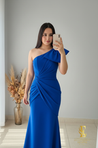 Vestido Sirena Azul Rey | Un Hombro con Lazo y Drapeado cod.V447
