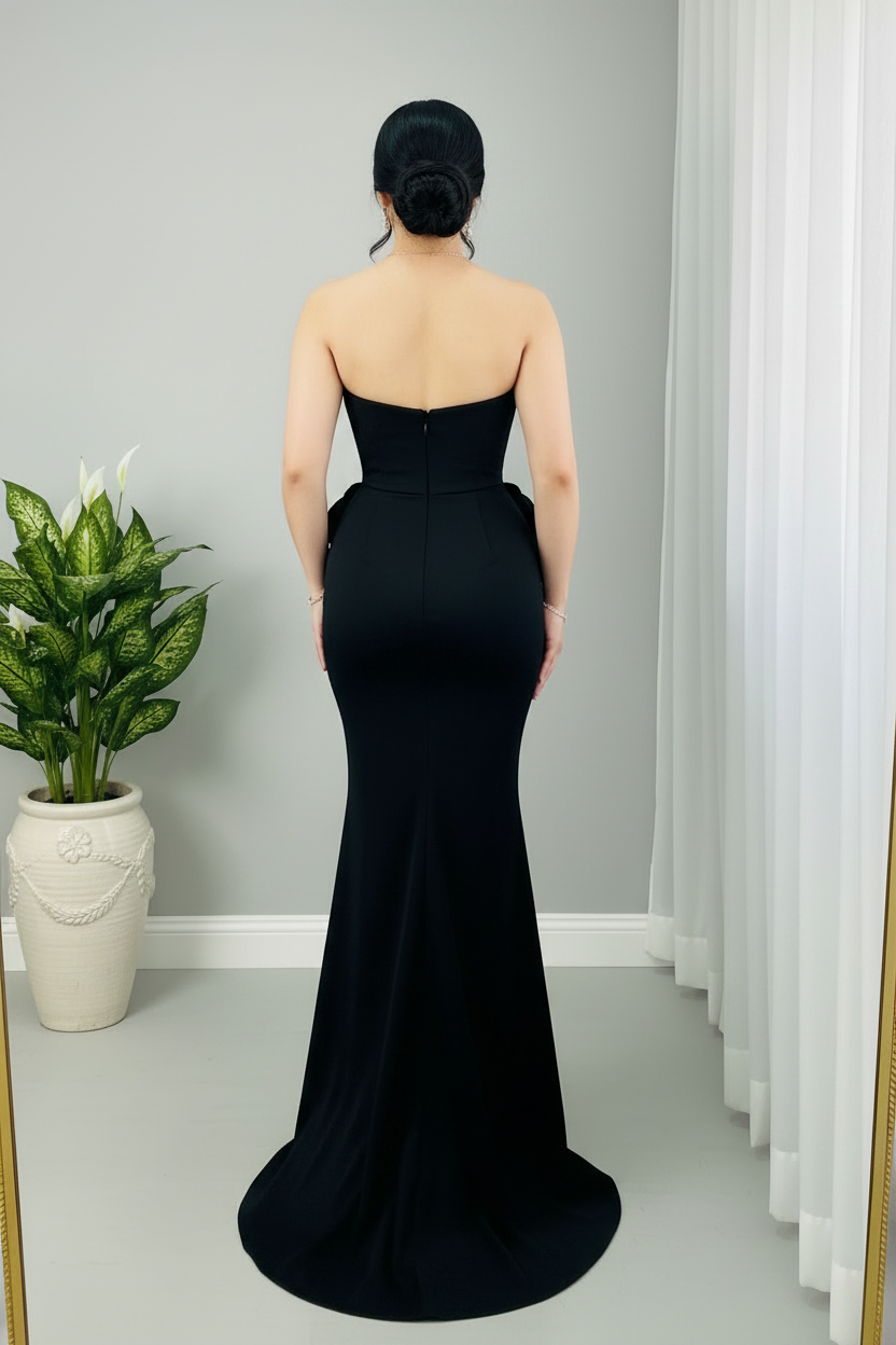 Vestido Sirena Negro — Escote V, Rosa 3D Cadera & Cierre Invisible cod.899