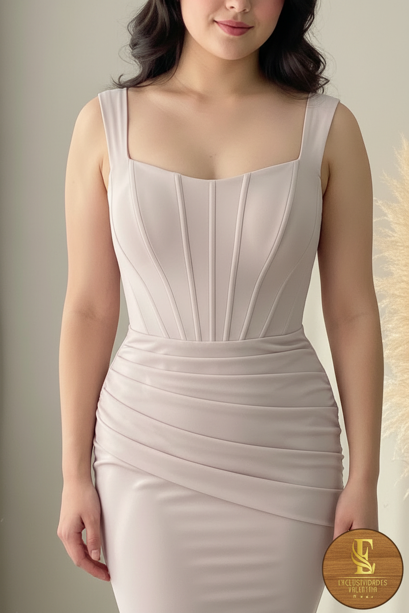 Vestido Nude Rosado Tirantes Anchos Corsé Sirena Cola cod.00109