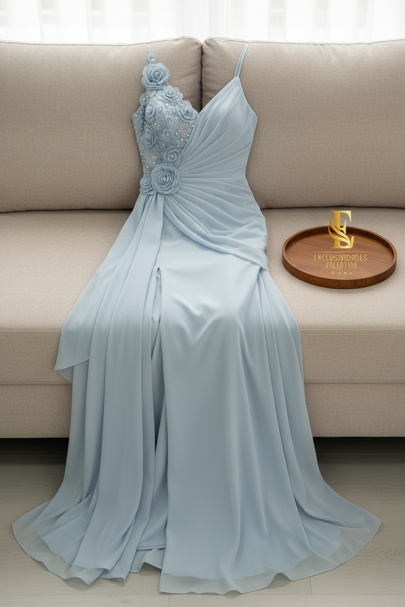Vestido Azul Cielo Maxi con Rosas 3D y Perlas cod.962