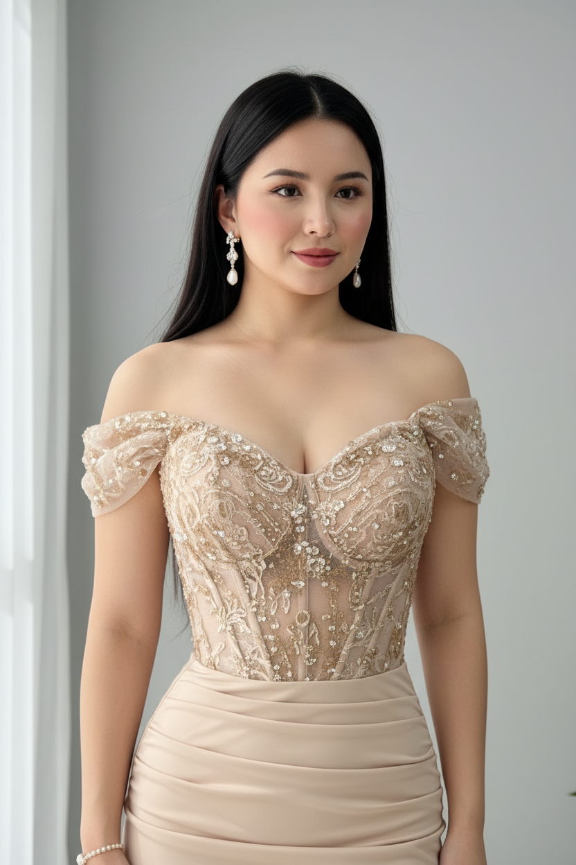 Vestido Champagne Off-Shoulder Sirena Encaje Dorado cod.V683