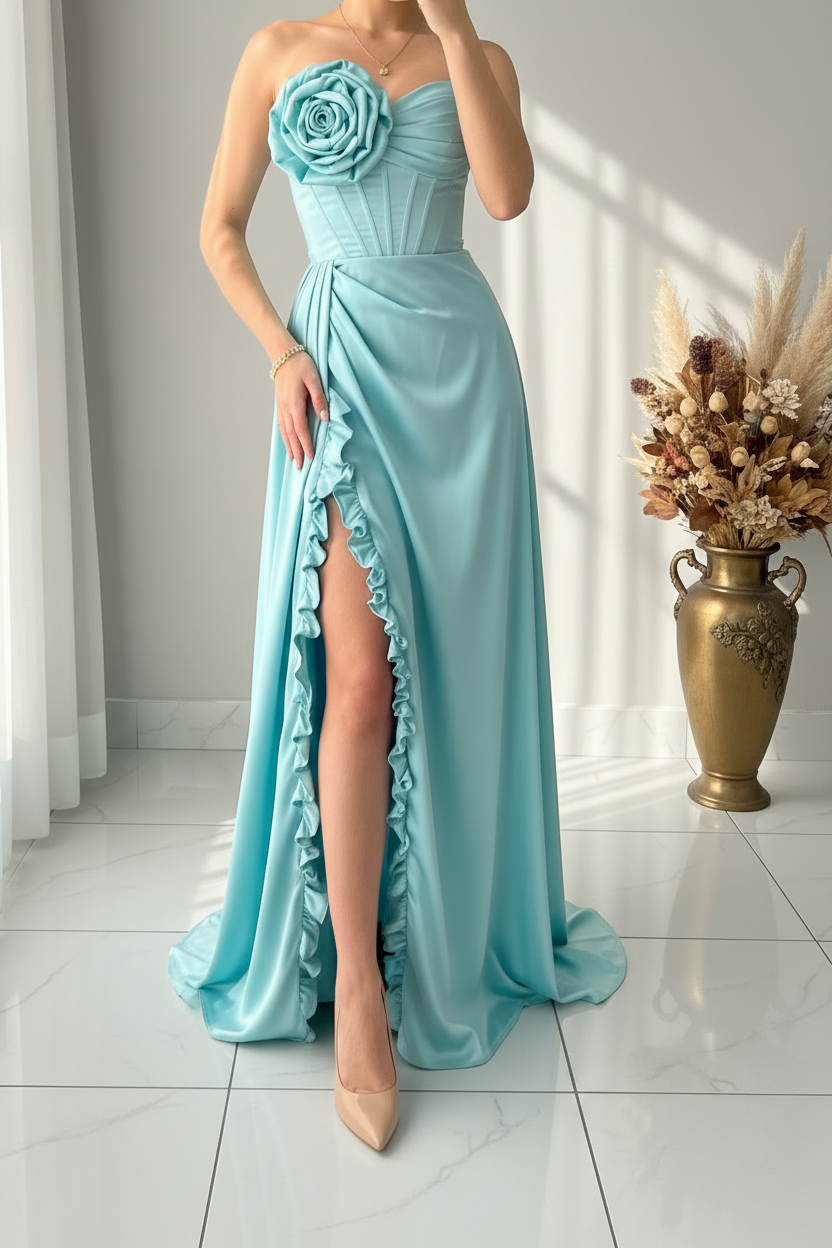 Vestido Azul Celeste Strapless Corset Rosa 3D Volantes Slit Gala cod.V592