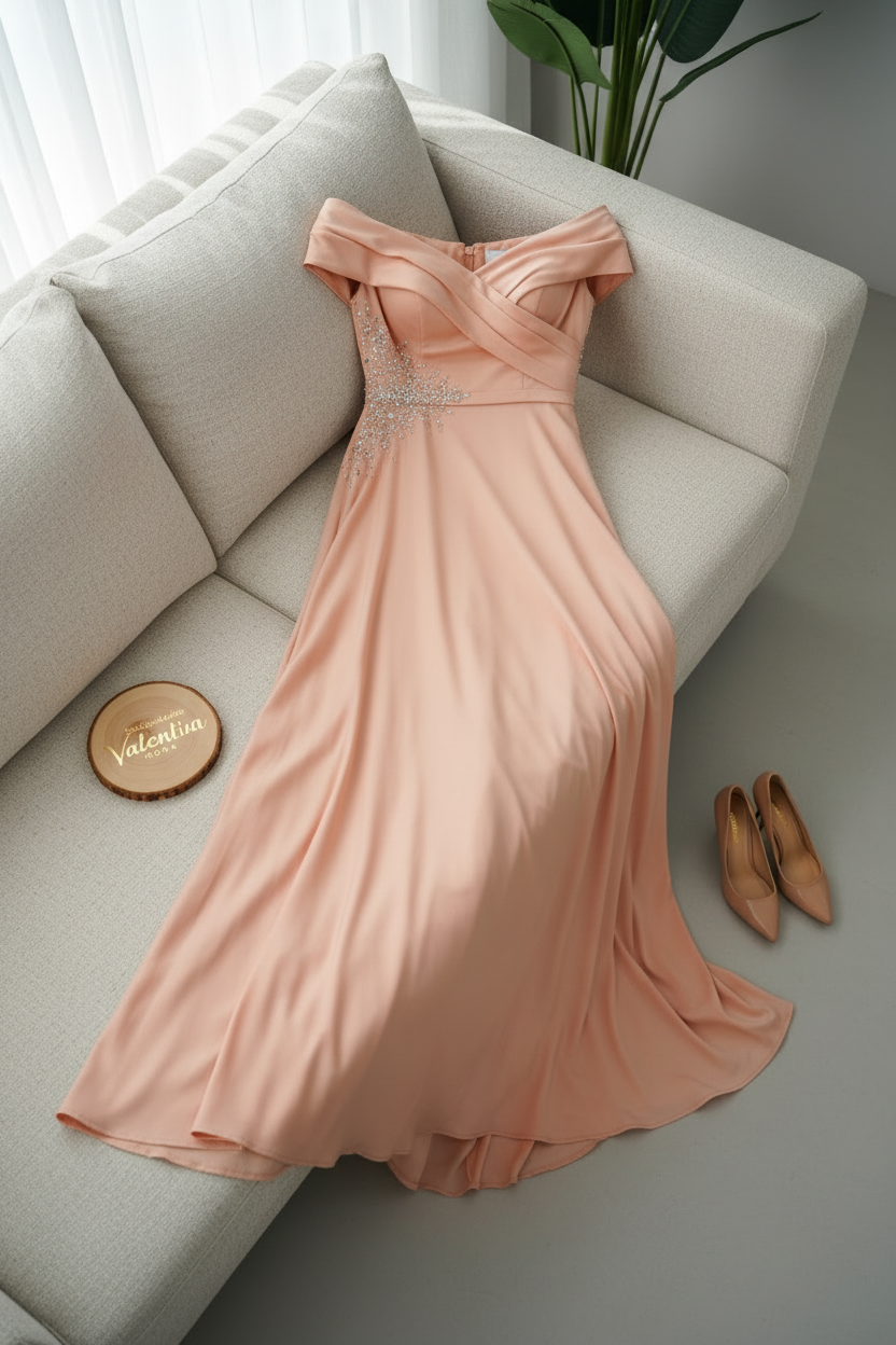 Vestido Peach Crystal Off-Shoulder – Gown Salmón Hombros Caídos con Bordado de Cristales cod.692