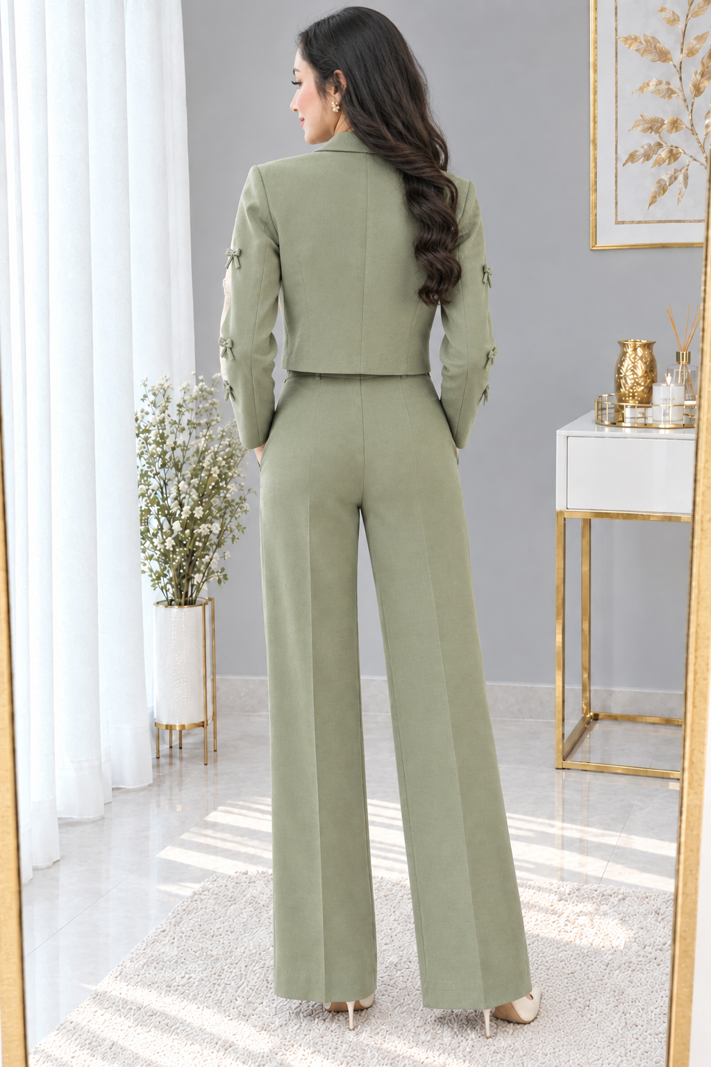 Conjunto verde salvia blazer con lazos 3 piezas , cod. CJ010