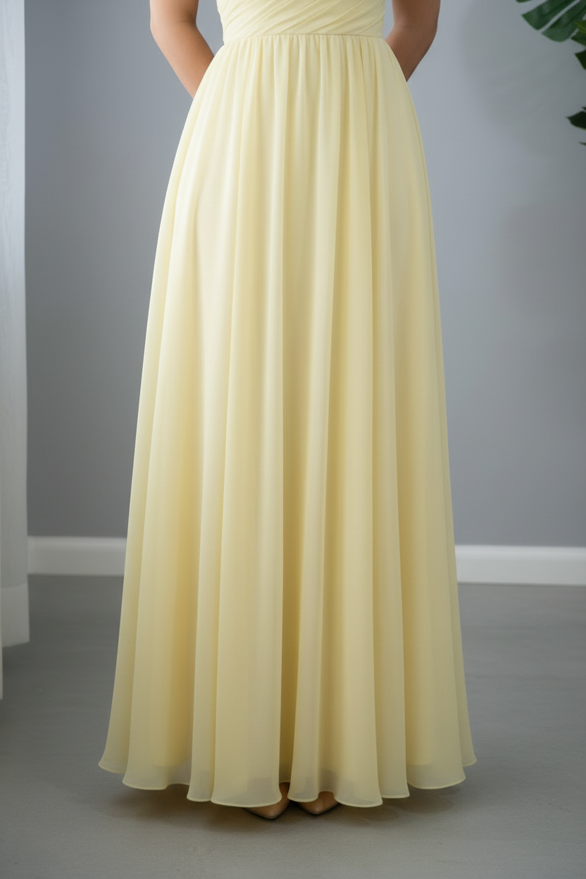 Vestido Amarillo Pastel Un Hombro con Flores 3D y Falda Chiffon Línea A cod.V611