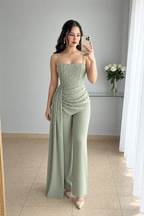 Enterizo Verde Sage Bustier Perlas Drapeado Lateral Pantalón Recto cod.E0004