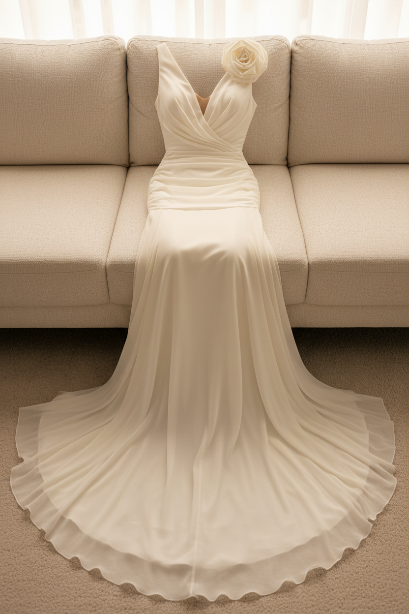 Vestido Novia Ivory Sirena Escote V Drapeado Rosa 3D Hombro cod.V0034