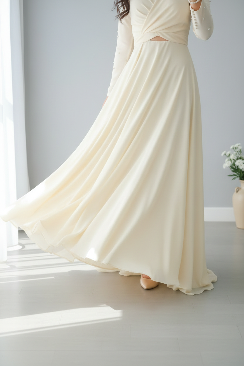 Vestido Novia Ivory Cruzado Escote V Mangas Largas y Falda A-Line cod.V0033