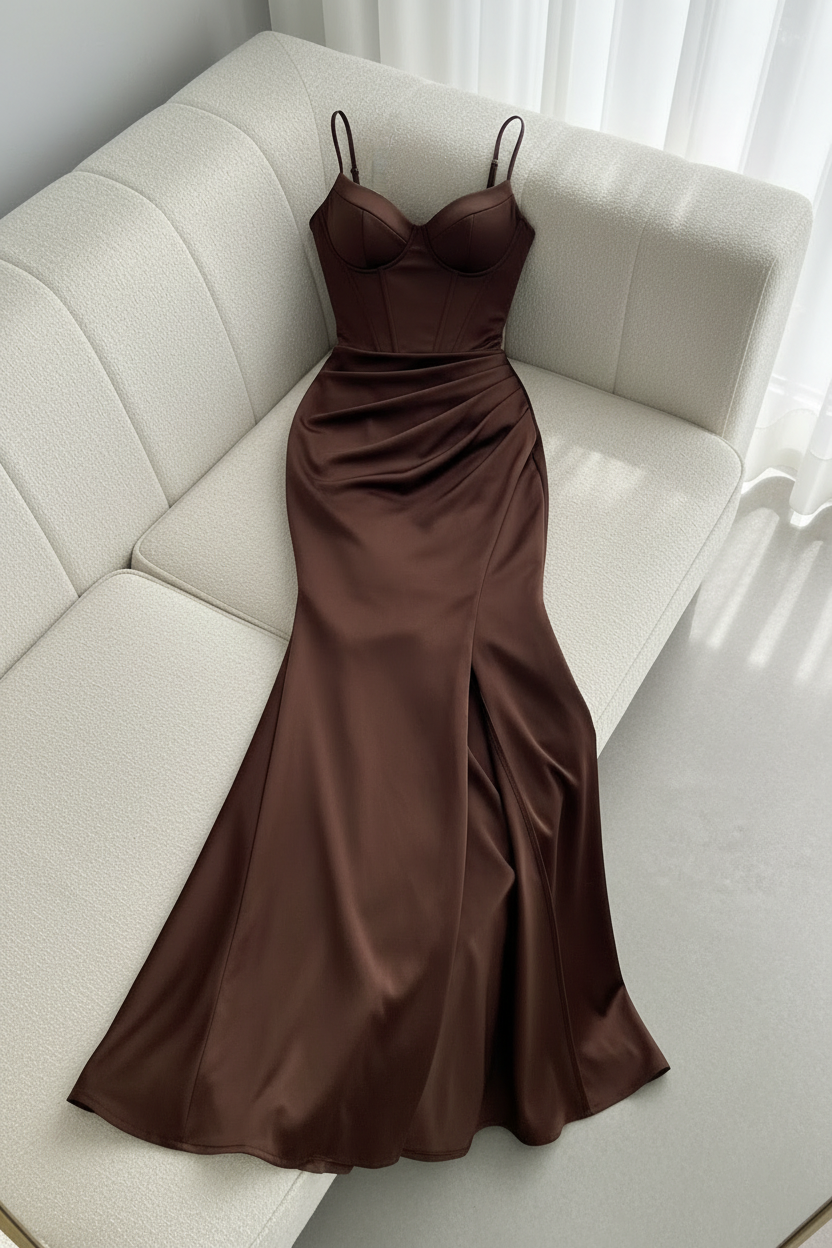 Vestido Chocolate Tirantes Finos Corset Sirena cod.V426